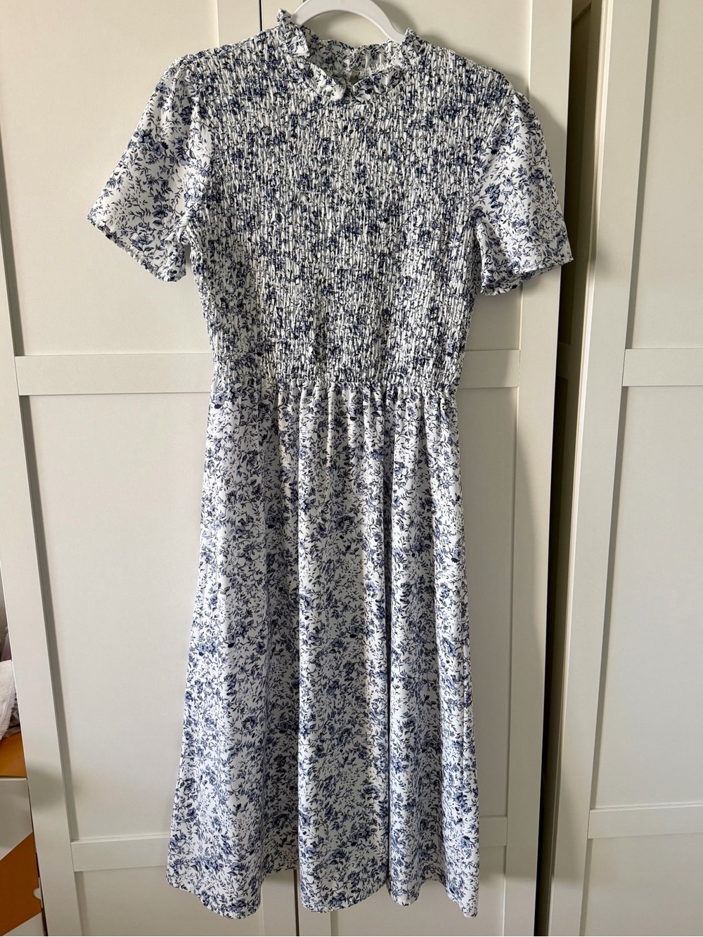 Mikarose White & Blue floral Smocked Midi Dress